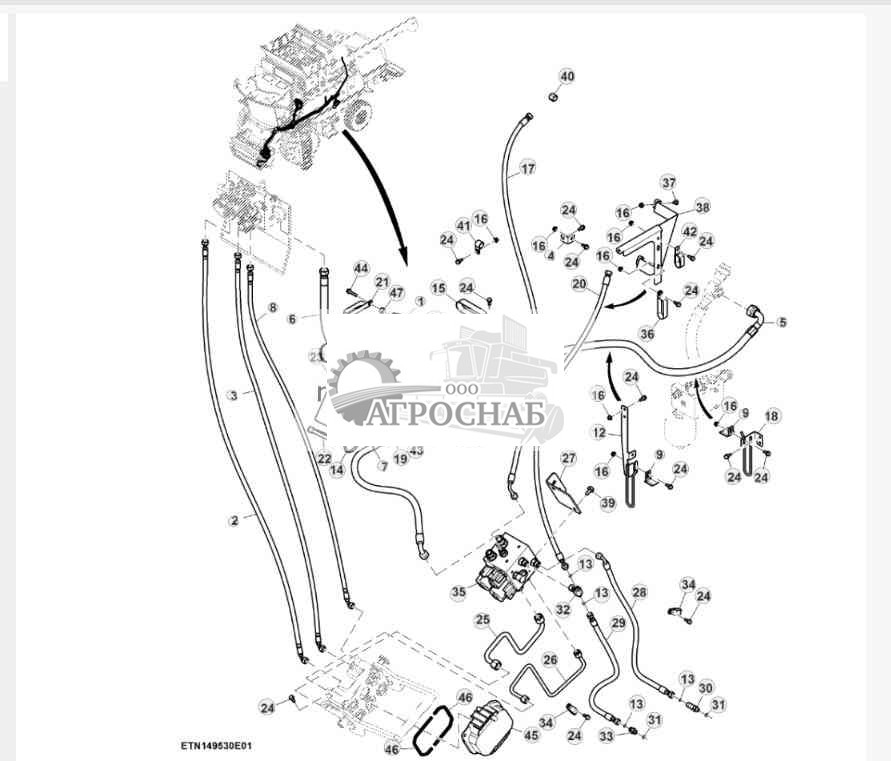 Гидравлические трубопроводы привода мотовила, 3-ступенчатая трансмиссия 